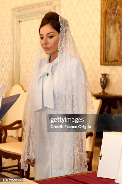 First Lady and Vice-President of the Republic of Azerbaijan Mehriban Aliyeva attends an audience with Pope Francis at the Apostolic Palace on...