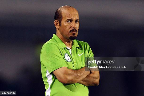 Head coach Khalid Alkoroni of Saudi Arabia reacts during the FIFA U-20 World Cup 2011 round of 16 match between Brazil and Saudi Arabia at Estadio...