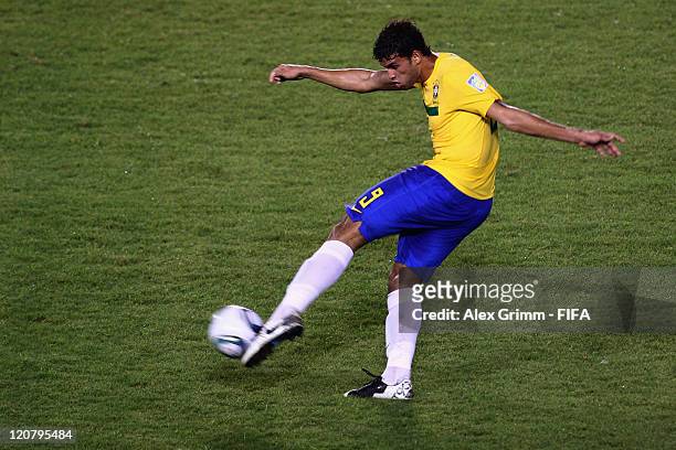 Willian of Brazil shoots the ball during the FIFA U-20 World Cup 2011 round of 16 match between Brazil and Saudi Arabia at Estadio Metropolitano...