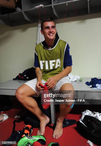 Goalscorer Antoine Griezmann of France smiles seated inside the team's dressing room after the FIFA U-20 World Cup Colombia 2011 round of 16 match...