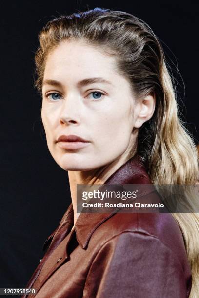 Doutzen Kroes is seen backstage at the Salvatore Ferragamo fashion show on February 22, 2020 in Milan, Italy.
