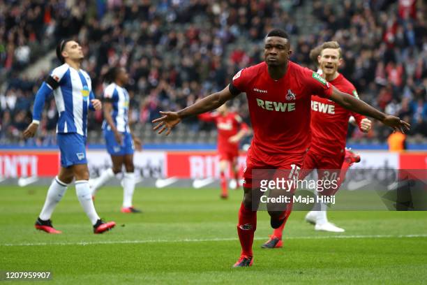 Jhon Cordoba of 1. FC Koeln celebrates after scoring his sides first goal during the Bundesliga match between Hertha BSC and 1. FC Koeln at...