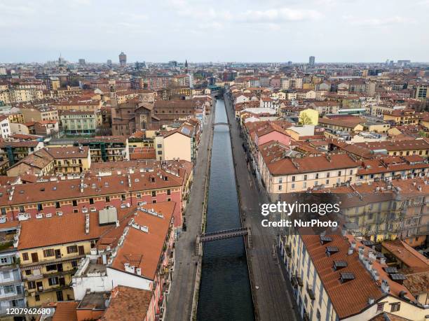 The Navigli district completely emptied of people and with all the premises closed in Milan, Italy on March 22, 2020.