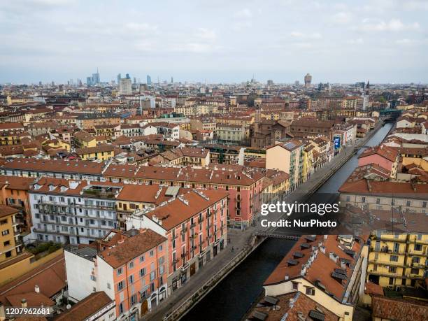 The Navigli district completely emptied of people and with all the premises closed in Milan, Italy on March 22, 2020.