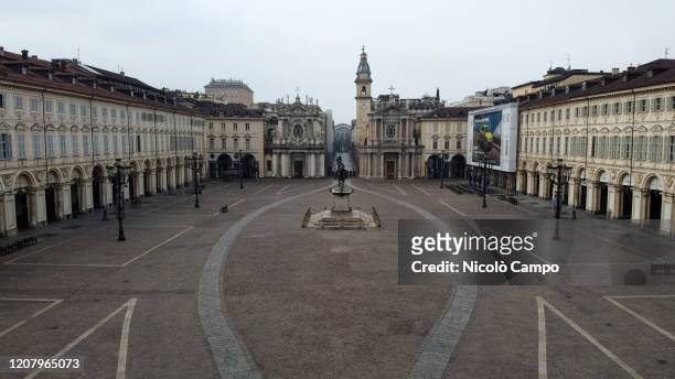 General view shows almost deserted piazza San Carlo. The Italian government imposed unprecedented restrictions to halt the spread of COVID-19...