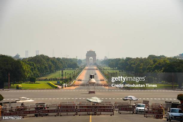 Deserted view of India Gate, on March 22, 2020 in New Delhi, India. PM Modi proposed a 'Janata curfew' for the day between 7 am and 9 pm as part of...