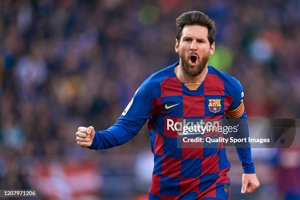 Lionel Messi of FC Barcelona celebrates his team's first goal during the Liga match between FC Barcelona and SD Eibar SAD at Camp Nou on February 22,...