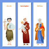 Set of 3 universal greeting cards and bookmarks with Saint Anthony, Saint John, Saint Peter (St. Anthony, St. John, St. Peter). Template, template.