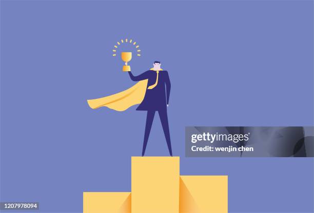 superman steht auf dem podium mit einer trophäe aktie illustration - siegerpodest stock-grafiken, -clipart, -cartoons und -symbole
