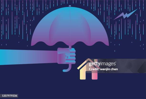 schützen sie das haus mit einem regenschirm stock illustration - hurricane stock-grafiken, -clipart, -cartoons und -symbole