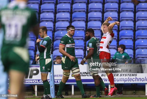 Ollie Thorley of Gloucester scores a try during the Gallagher Premiership Rugby match between London Irish and Gloucester Rugby at on February 22,...