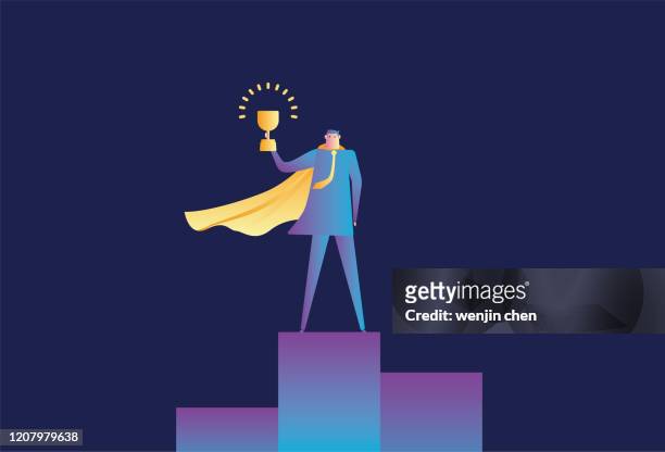 superman standing on the podium holding a trophy stock illustration - abzeichen stock illustrations