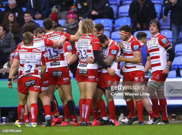 Danny Cipriani of Gloucester is congratulated after setting up the try of Ollie Thorley during the Gallagher Premiership Rugby match between London...