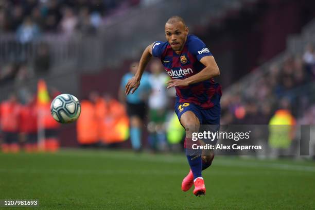 Martin Braithwaite of FC Barcelona runs with the ball during the La Liga match between FC Barcelona and SD Eibar SAD at Camp Nou on February 22, 2020...