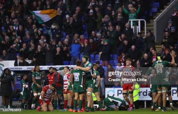 London Irish celebrate winning at the final whistle during the Gallagher Premiership Rugby match between London Irish and Gloucester Rugby at on...