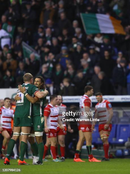 Captain, Franco can der Merwe and Blair Cowan celebrate victory at the final whistle during the Gallagher Premiership Rugby match between London...