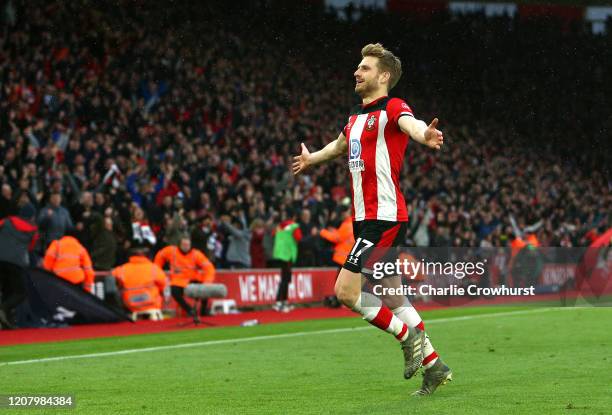 Stuart Armstrong of Southampton celebrates after scoring his team's second goal during the Premier League match between Southampton FC and Aston...