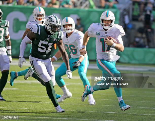 Miami Dolphins quarterback Ryan Tannehill is chased by New York Jets' Brandon Copeland in the fourth quarter on Sunday, Sept. 2018 at MetLife Stadium...