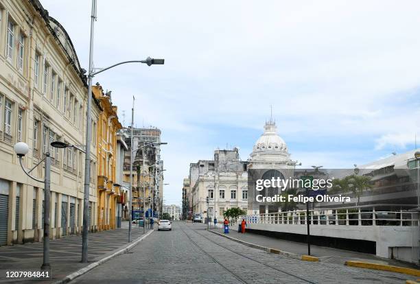 General view of an nearly empty historic city center of Salvador during a lockdown aimed at stopping the spread of the coronavirus pandemic on March...