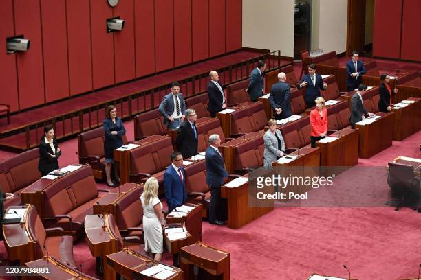 Senators are seen social distancing in the Senate chamber at Parliament House at Parliament House on March 23, 2020 in Canberra, Australia....