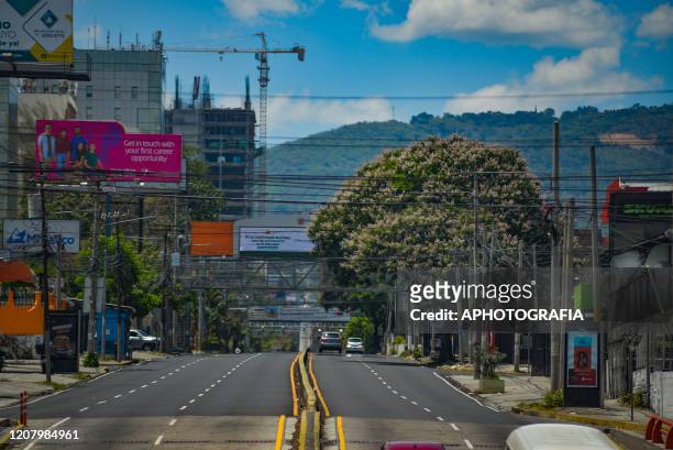 View of an empty street during curfew on March 22, 2020 in San Salvador, El Salvador. Three cases of COVID-19 has been confirmed in El Salvador and...