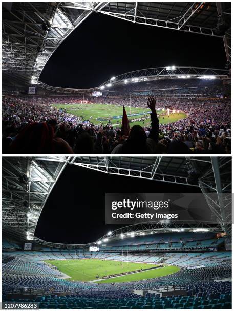 In this before-and-after composite image **TOP IMAGE** SYDNEY, AUSTRALIA A general view during the 2018 NRL Grand Final match between the Melbourne...