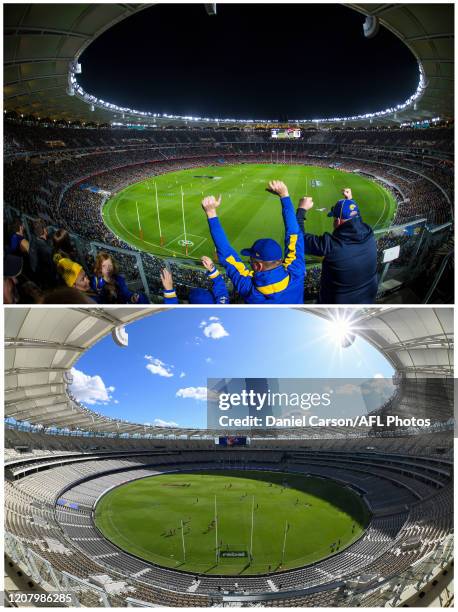 In this before-and-after composite image **TOP IMAGE** PERTH, AUSTRALIA General view from the stands during the 2018 AFL Second Qualifying Final...