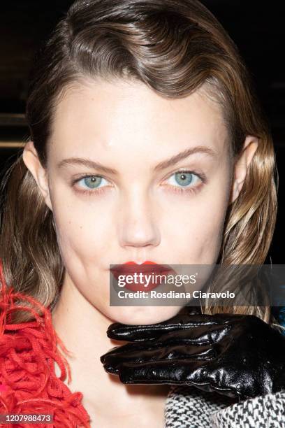 Model Lindsey Wixson is seen backstage at the MSGM fashion show on February 22, 2020 in Milan, Italy.