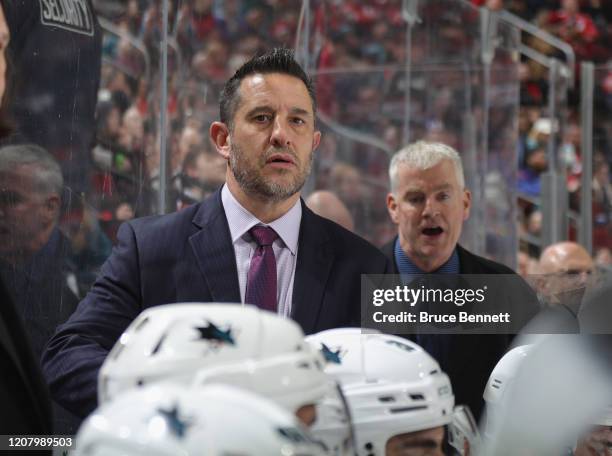 Interim head coach Bob Boughner of the San Jose Sharks handles bench duties during the game against the New Jersey Devils at the Prudential Center on...