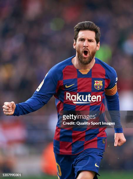 Lionel Messi of FC Barcelona celebrates his team's first goal during the Liga match between FC Barcelona and SD Eibar SAD at Camp Nou on February 22,...