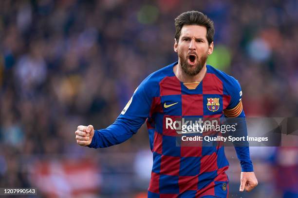 Lionel Messi of FC Barcelona celebrates his team's first goal during the Liga match between FC Barcelona and SD Eibar SAD at Camp Nou on February 22,...