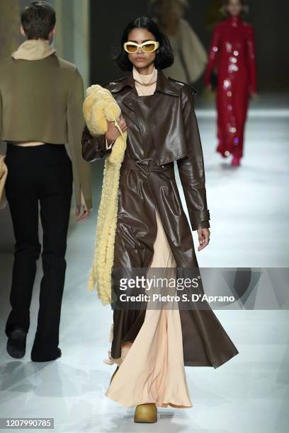 Model walks the runway during the Bottega Veneta fashion show as part of Milan Fashion Week Fall/Winter 2020-2021 on February 22, 2020 in Milan,...