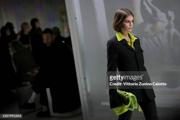 Kaia Gerber walks the runway during the Bottega Veneta fashion show as part of Milan Fashion Week Fall/Winter 2020-2021 on February 22, 2020 in...