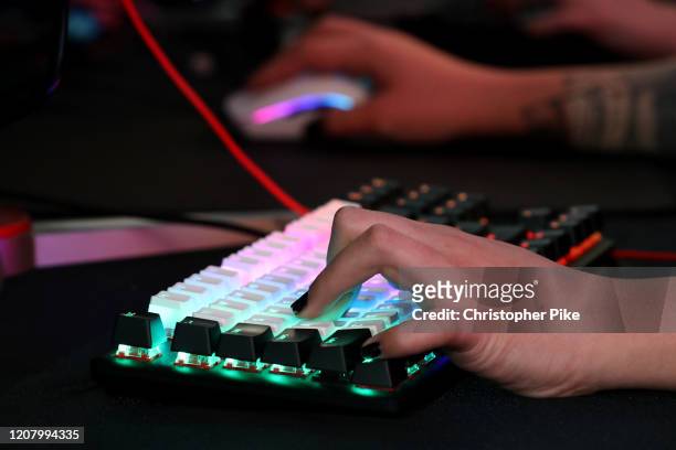 Member of Team Dignitas uses a keyboard and mouse in action during the CS:GO World Finals on Day Two of the Girl Gamer Esports Festival at Meydan...