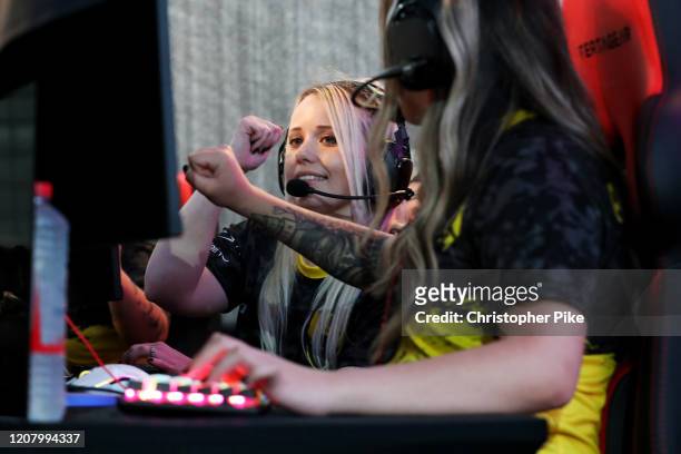 Members of Team Dignitas react during the CS:GO World Finals on Day Two of the Girl Gamer Esports Festival at Meydan Racecourse on February 22, 2020...