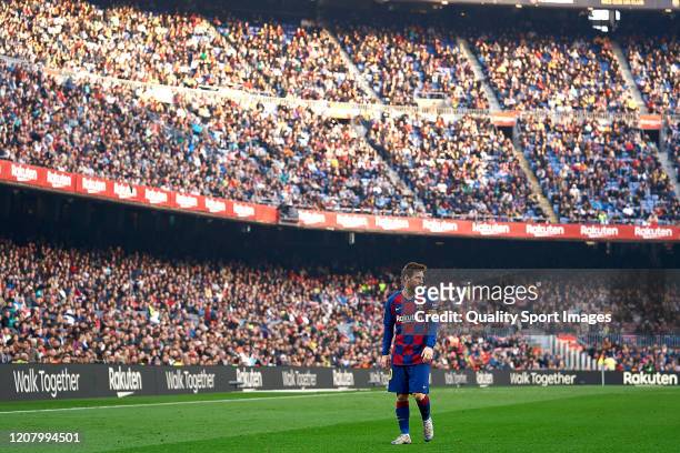 Lionel Messi of FC Barcelona looks on during the Liga match between FC Barcelona and SD Eibar SAD at Camp Nou on February 22, 2020 in Barcelona,...
