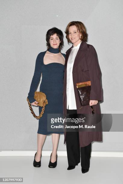 Charlotte Simpson and Sigourney Weaver attend the Bottega Veneta fashion show during the Milano Fashion Week Fall / Winter 2020 - 2021 on February...
