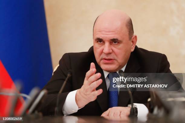 Russian Prime Minister Mikhail Mishustin chairs a meeting on the COVID-19 coronavirus situation, Moscow, March 23, 2020.