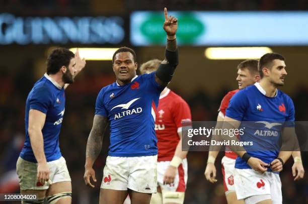 Virimi Vakatawa of France celebrates following his sides victory in the 2020 Guinness Six Nations match between Wales and France at Principality...
