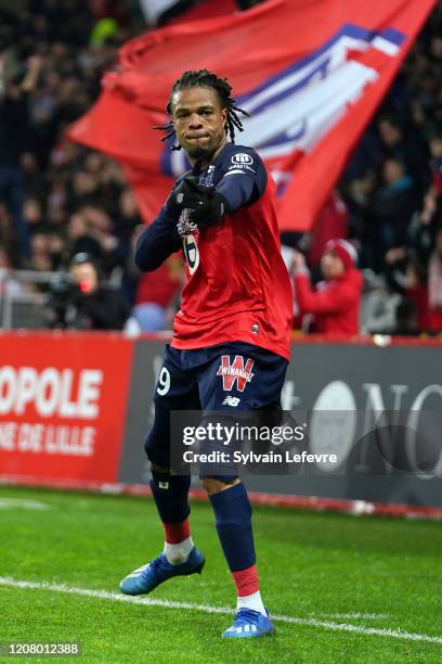 Lille's Loic Remy celebrates after scoring his 2nd goal during the Ligue 1 match between Lille OSC and Toulouse FC at Stade Pierre Mauroy on February...