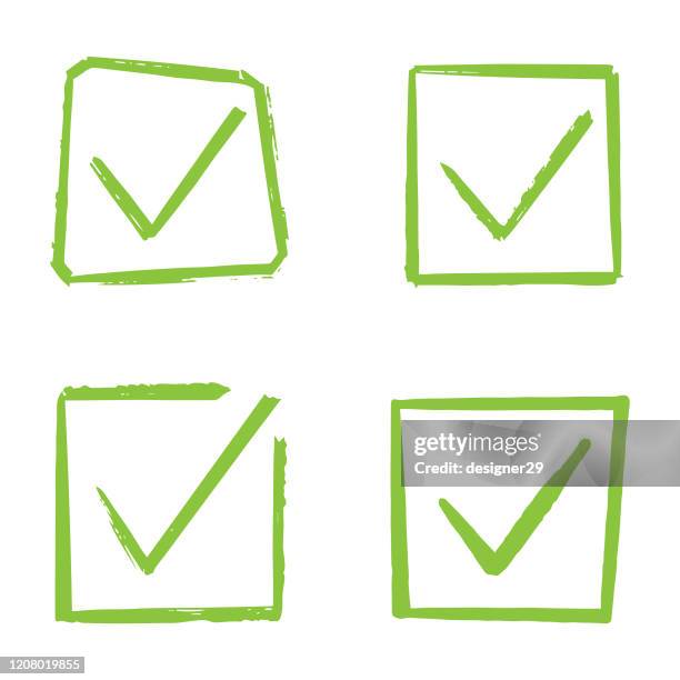 check mark icon. tick and approved hand drawn green line box icon set vector design. - wrong direction stock illustrations