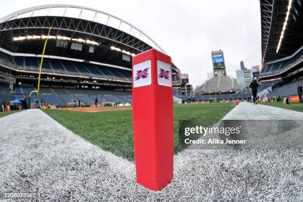 General interior view of CenturyLink Field, and an XFL end zone pylon before the game between the Seattle Dragons and the Dallas Renegades at...