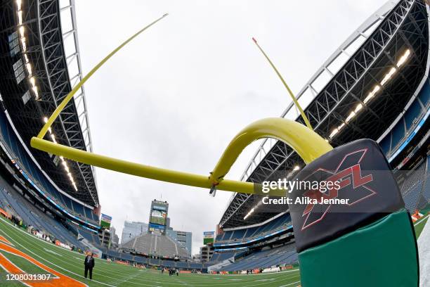 General interior view of CenturyLink Field, and an XFL goalpost before the game between the Seattle Dragons and the Dallas Renegades at CenturyLink...
