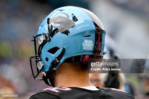 General view of a Bud Light Seltzer patch affixed to the back of Landry Jones of the Dallas Renegades helmet before the game against the Seattle...