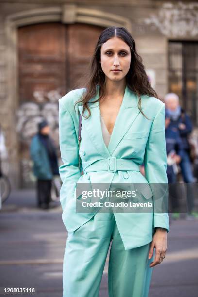 Model Anna Cleveland, is seen outside Agnona show, during Milan Fashion Week Fall/Winter 2020-2021 on February 22, 2020 in Milan, Italy.