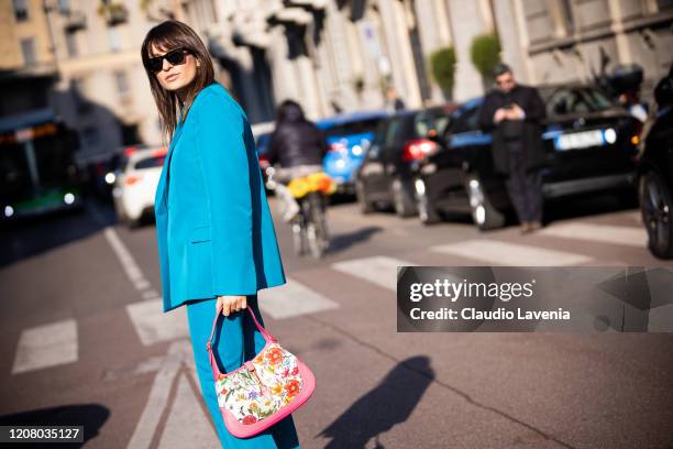 Carlotta Rubaltelli, wearing a light blue tailleur, is seen outside Salvatore Ferragamo show, during Milan Fashion Week Fall/Winter 2020-2021 on...