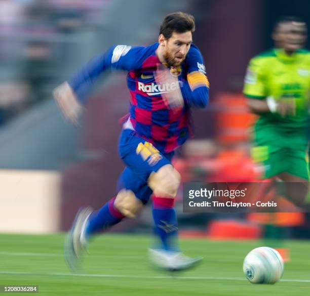 February 22: Lionel Messi of Barcelona drives towards the penalty box during the Barcelona V Eibar, La Liga regular season match at Estadio Camp Nou...