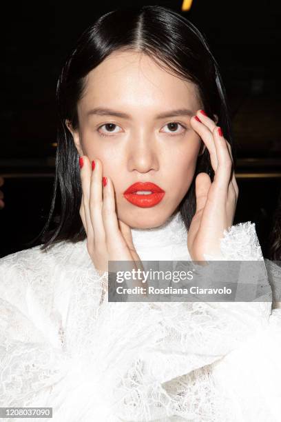 Model is seen backstage at the MSGM fashion show on February 22, 2020 in Milan, Italy.