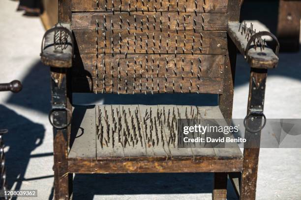 Replicas of torture tools used in the Middle Ages are on display during the XVI Medieval Market of Chinchon on February 22, 2020 in Chinchón, Spain.