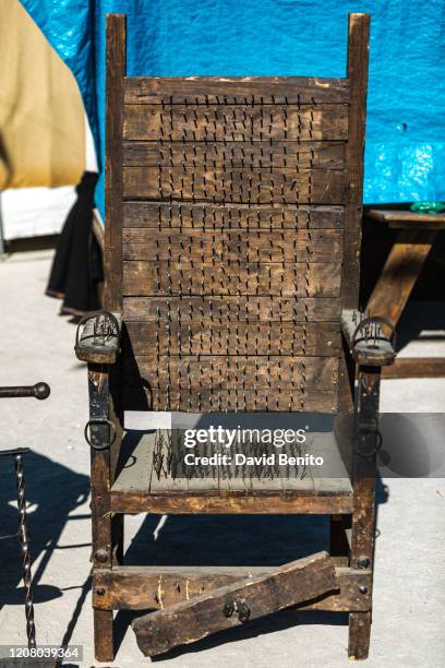 Replicas of torture tools used in the Middle Ages are on display during the XVI Medieval Market of Chinchon on February 22, 2020 in Chinchón, Spain.
